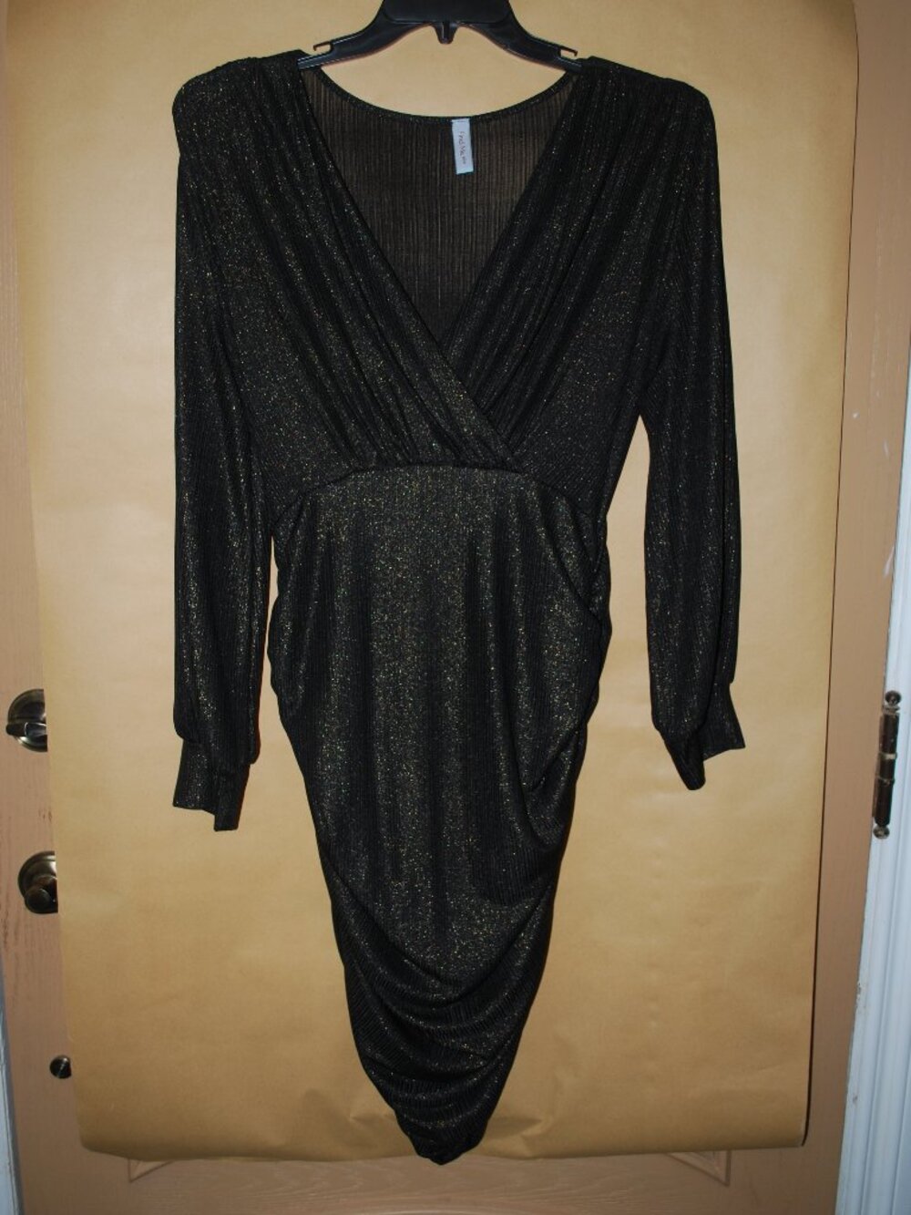 Women Plus Size Cocktail Dress Black Glittery Ruched Wrap Long Sleeve Mini